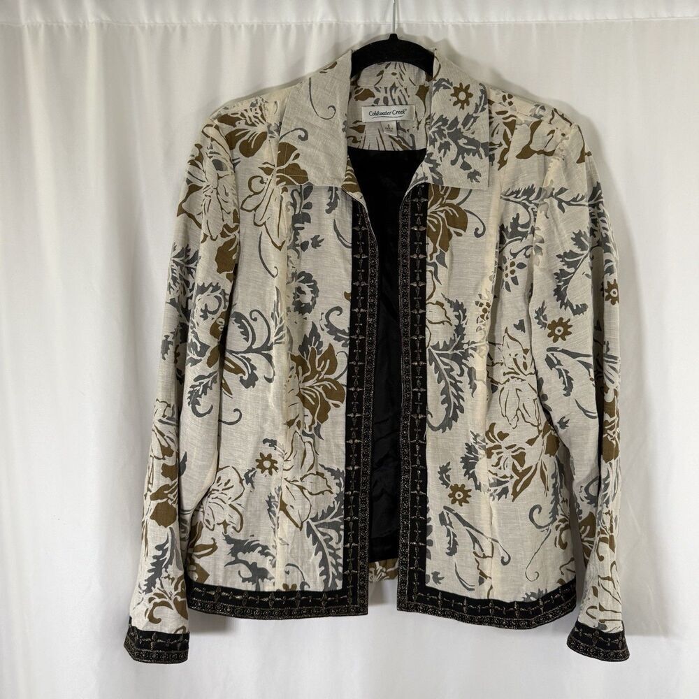 Coldwater Creek Linen Blend Jacket Women's Small White Floral Open Front Light